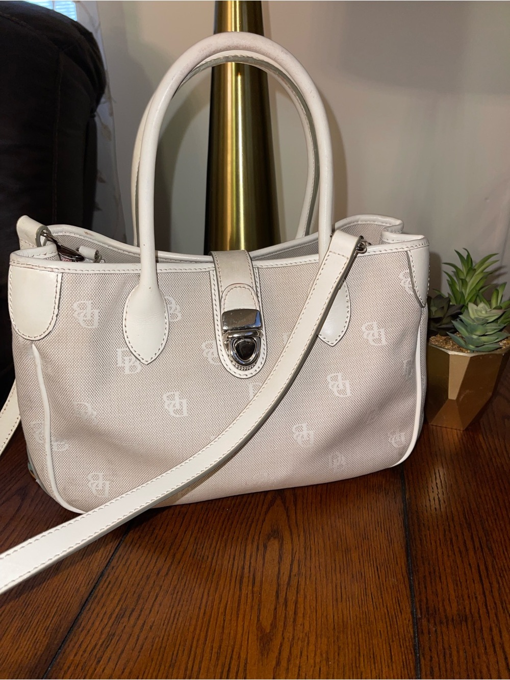 Dooney & Bourke Cream and White Logo Shoulder Tote